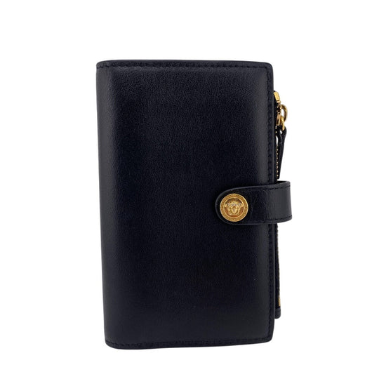 VERSACE Bifold Wallet leather black Button Zip Medusa Women Used Authentic