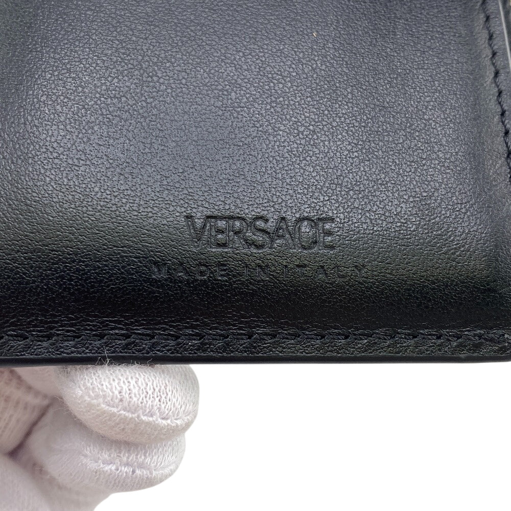 VERSACE Bifold Wallet leather black Button Zip Medusa Women Used Authentic