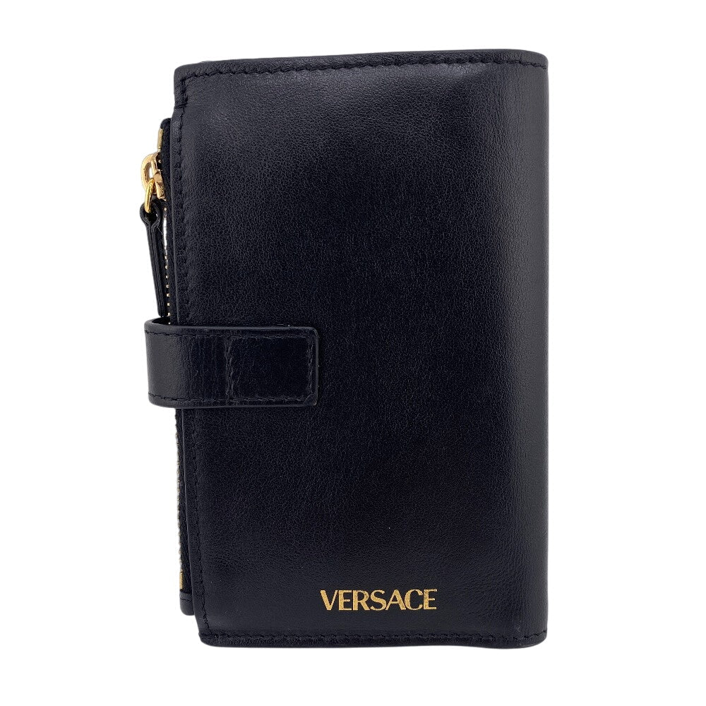 VERSACE Bifold Wallet leather black Button Zip Medusa Women Used Authentic