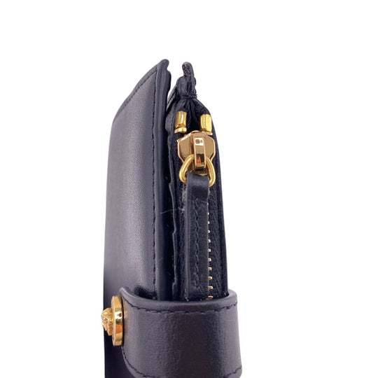 VERSACE Bifold Wallet leather black Button Zip Medusa Women Used Authentic