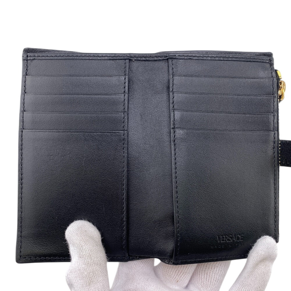 VERSACE Bifold Wallet leather black Button Zip Medusa Women Used Authentic