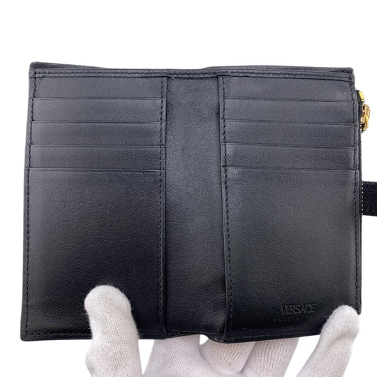 VERSACE Bifold Wallet leather black Button Zip Medusa Women Used Authentic