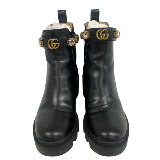 GUCCI boots 550036 leather black Side gore boots GG Marmont Velcro Strap Jewel Women 37 Used Authentic