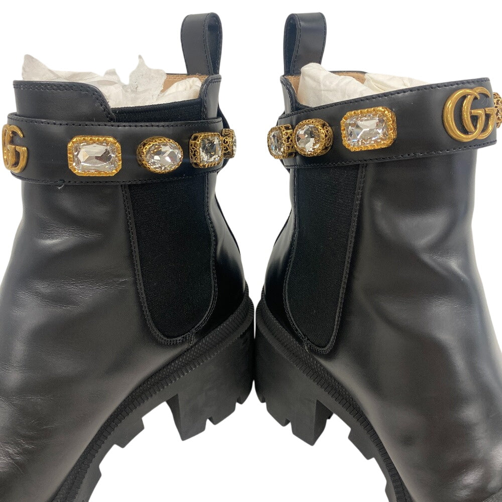 GUCCI boots 550036 leather black Side gore boots GG Marmont Velcro Strap Jewel Women 37 Used Authentic