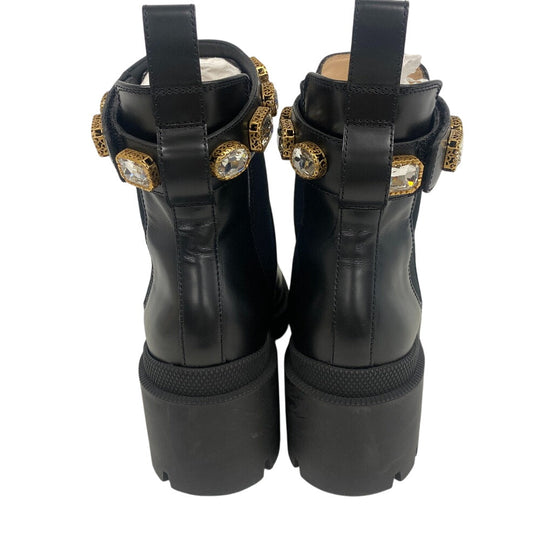 GUCCI boots 550036 leather black Side gore boots GG Marmont Velcro Strap Jewel Women 37 Used Authentic