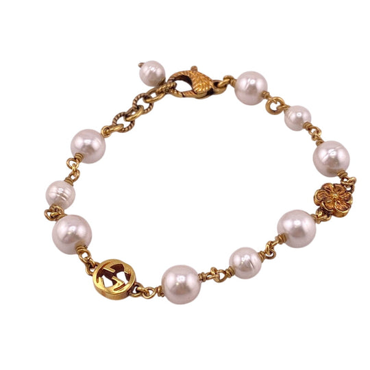 GUCCI bracelet Gold Plated gold Interlocking G Pearl Flower Women Used Authentic