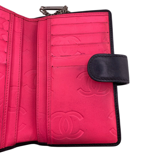 CHANEL Bifold Wallet leather black Compact zip Cambon Women Used Authentic