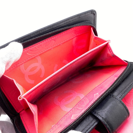 CHANEL Bifold Wallet leather black Compact zip Cambon Women Used Authentic