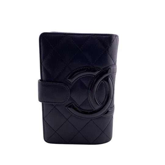 CHANEL Bifold Wallet leather black Compact zip Cambon Women Used Authentic
