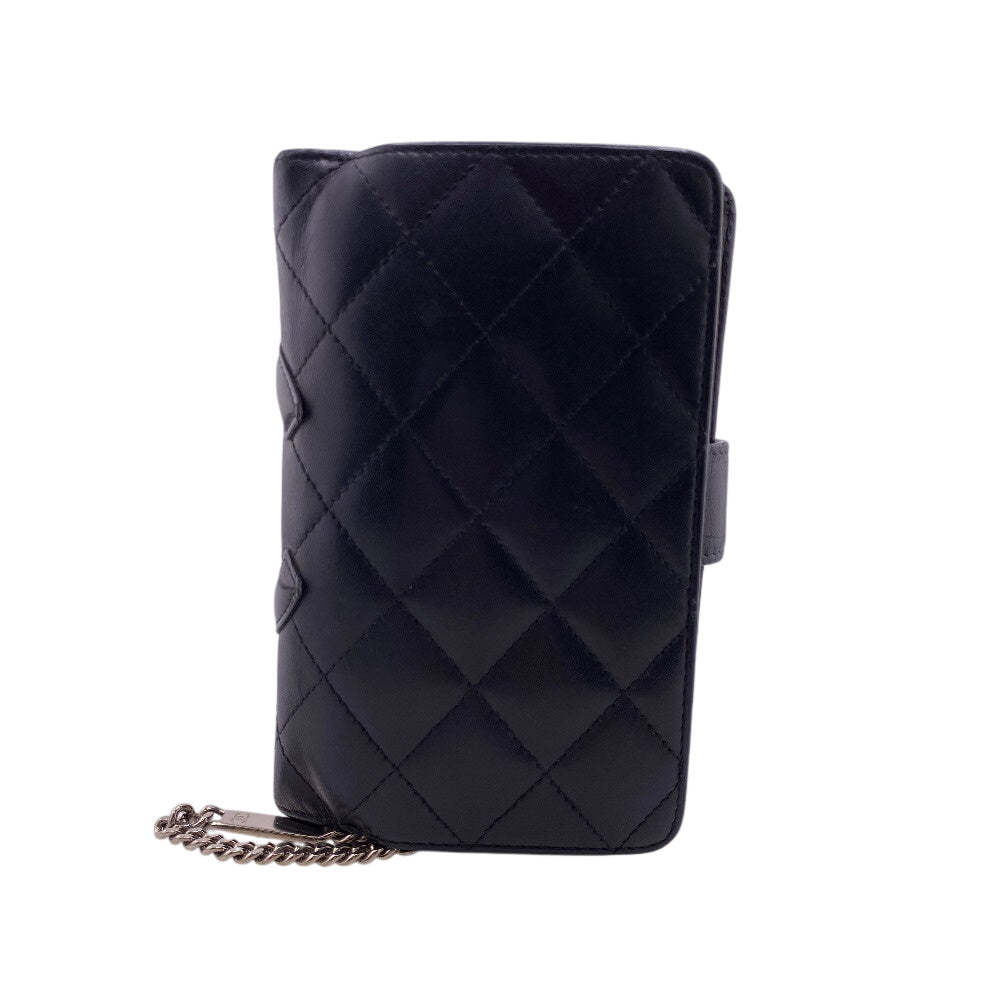 CHANEL Bifold Wallet leather black Compact zip Cambon Women Used Authentic