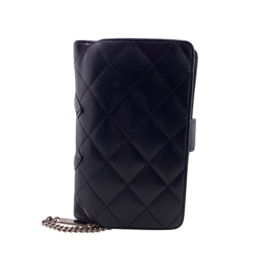 CHANEL Bifold Wallet leather black Compact zip Cambon Women Used Authentic