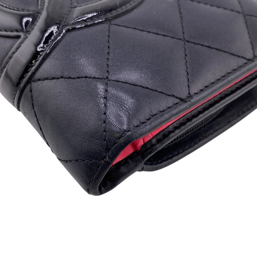 CHANEL Bifold Wallet leather black Compact zip Cambon Women Used Authentic