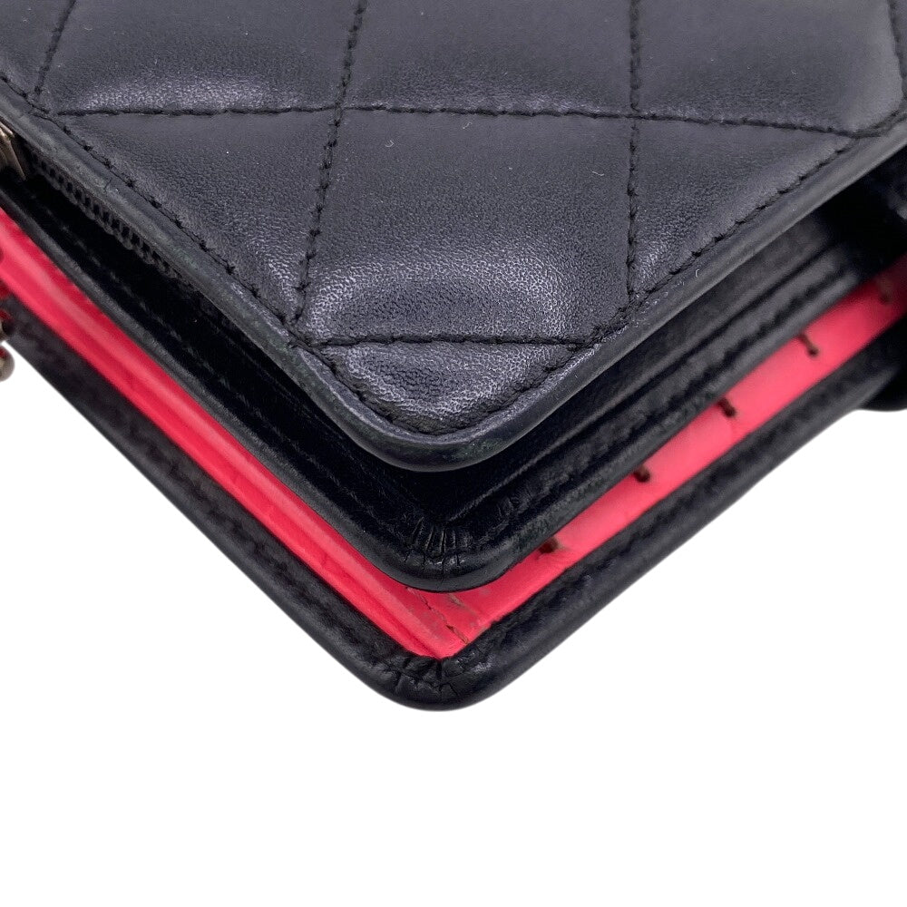 CHANEL Bifold Wallet leather black Compact zip Cambon Women Used Authentic