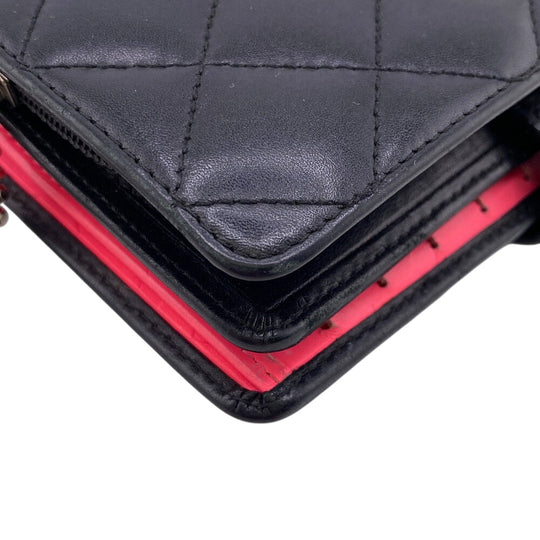 CHANEL Bifold Wallet leather black Compact zip Cambon Women Used Authentic