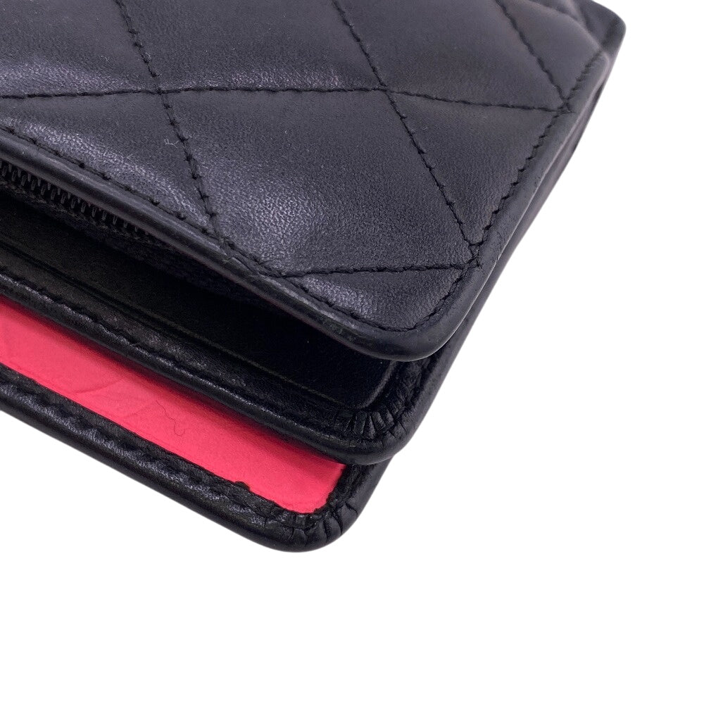 CHANEL Bifold Wallet leather black Compact zip Cambon Women Used Authentic