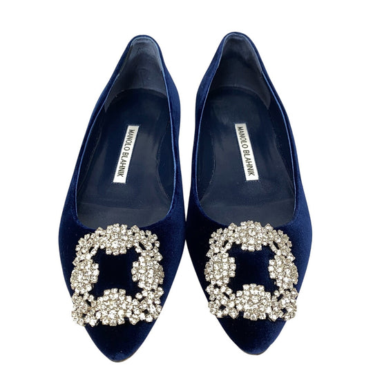 MANOLO BLAHNIK pumps Velour, Leather Navy Flat pumps Bijoux Hangishi Women 34 1/2 Used Authentic