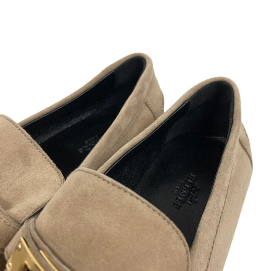 HERMES loafers suede beige Kelly Metal Desting Women 38.5 Used Authentic