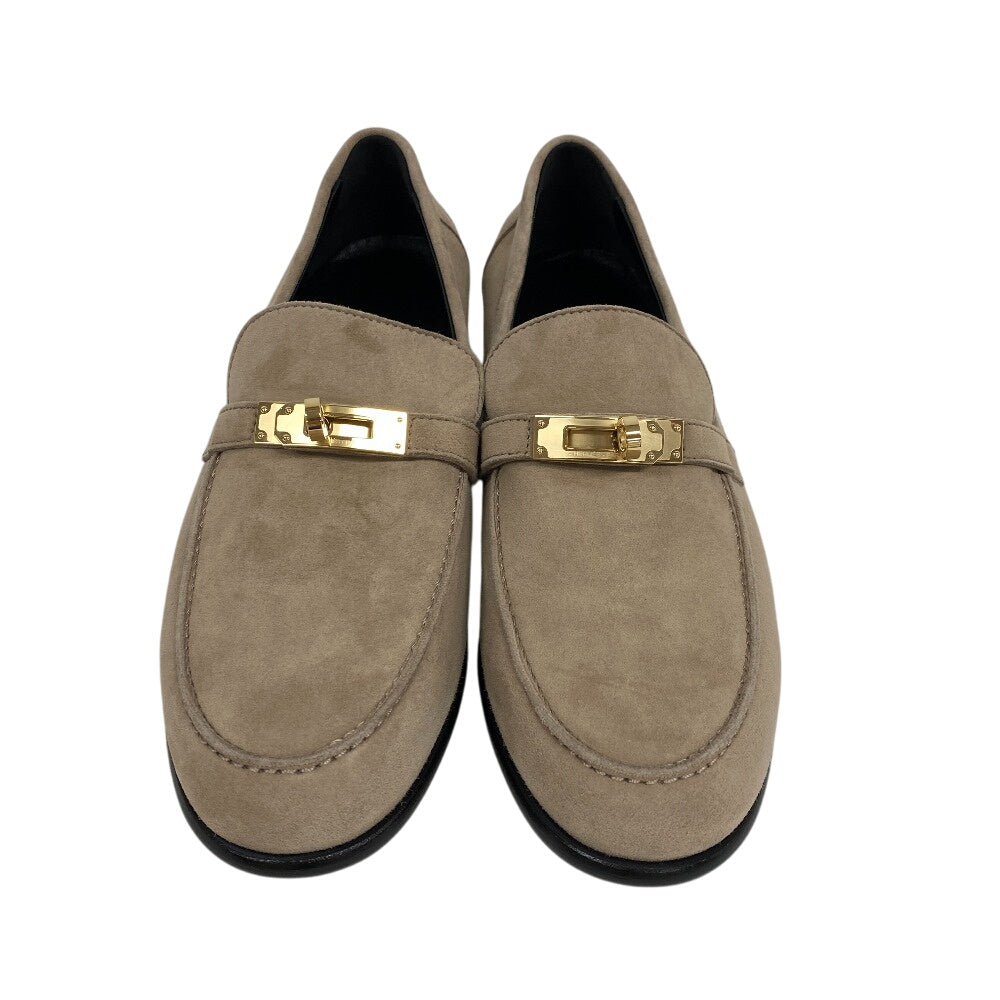 HERMES loafers suede beige Kelly Metal Desting Women 38.5 Used Authentic