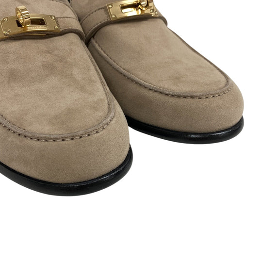 HERMES loafers suede beige Kelly Metal Desting Women 38.5 Used Authentic