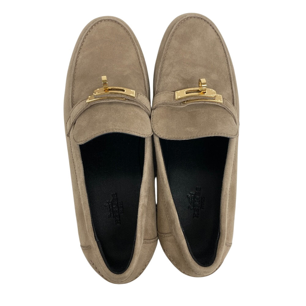 HERMES loafers suede beige Kelly Metal Desting Women 38.5 Used Authentic
