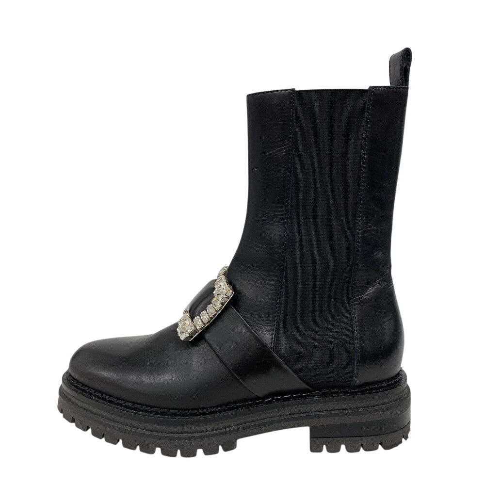 Sergio Rossi boots Leather, Fabric black Biker Boots Side Gore Boots Beaded Buckle BIKER PRINCE Women 37 Used Authentic