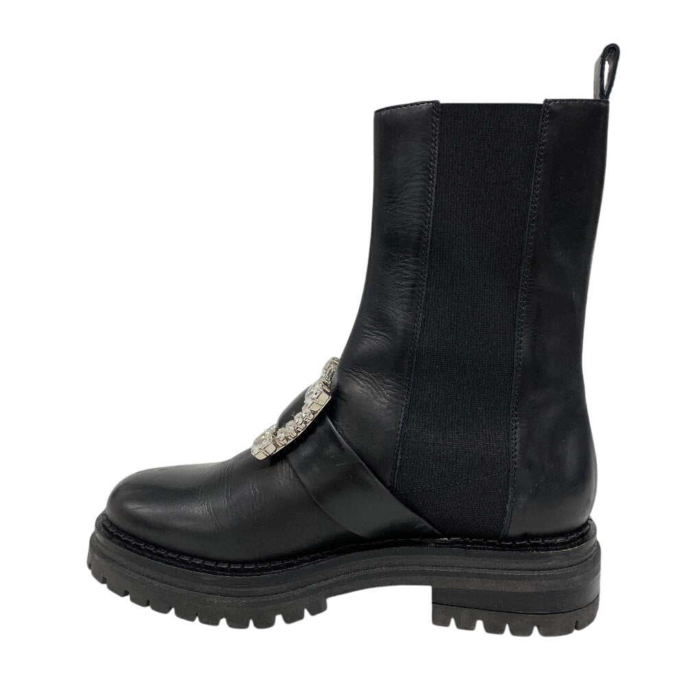 Sergio Rossi boots Leather, Fabric black Biker Boots Side Gore Boots Beaded Buckle BIKER PRINCE Women 37 Used Authentic