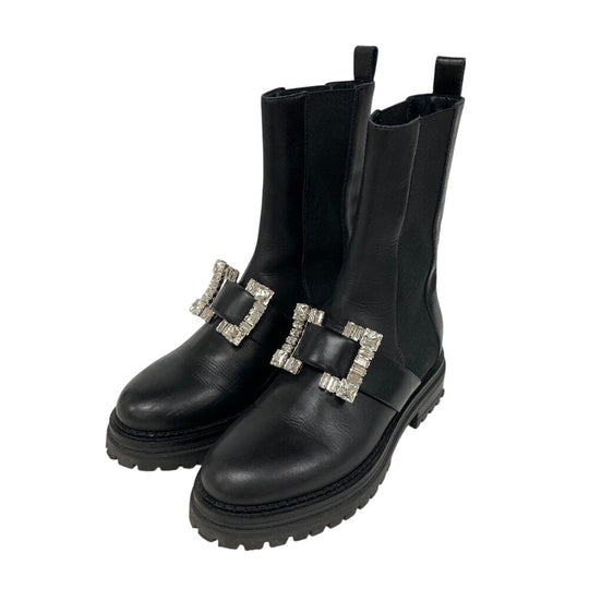 Sergio Rossi boots Leather, Fabric black Biker Boots Side Gore Boots Beaded Buckle BIKER PRINCE Women 37 Used Authentic