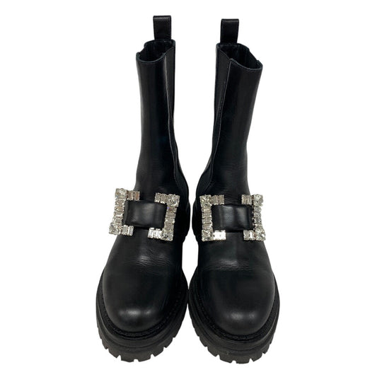 Sergio Rossi boots Leather, Fabric black Biker Boots Side Gore Boots Beaded Buckle BIKER PRINCE Women 37 Used Authentic