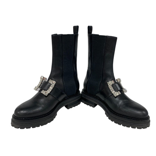 Sergio Rossi boots Leather, Fabric black Biker Boots Side Gore Boots Beaded Buckle BIKER PRINCE Women 37 Used Authentic