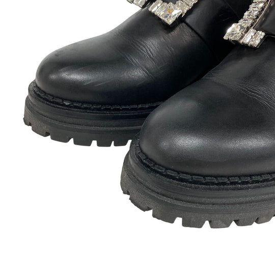 Sergio Rossi boots Leather, Fabric black Biker Boots Side Gore Boots Beaded Buckle BIKER PRINCE Women 37 Used Authentic