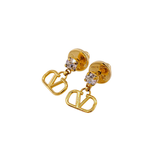 VALENTINO Pierce Gold Plated gold V logo rhinestone Women Used Authentic