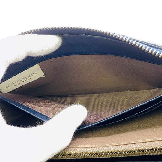 BOTTEGAVENETA Long Wallet Purse leather Navy Zip Around INTRECCIATO mens(Unisex) Used Authentic