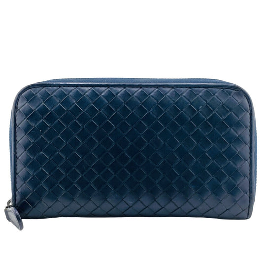 BOTTEGAVENETA Long Wallet Purse leather Navy Zip Around INTRECCIATO mens(Unisex) Used Authentic