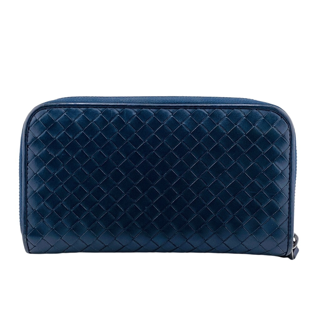 BOTTEGAVENETA Long Wallet Purse leather Navy Zip Around INTRECCIATO mens(Unisex) Used Authentic
