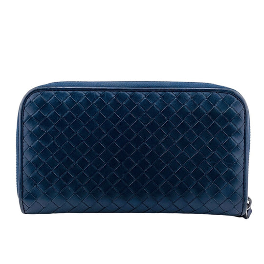 BOTTEGAVENETA Long Wallet Purse leather Navy Zip Around INTRECCIATO mens(Unisex) Used Authentic