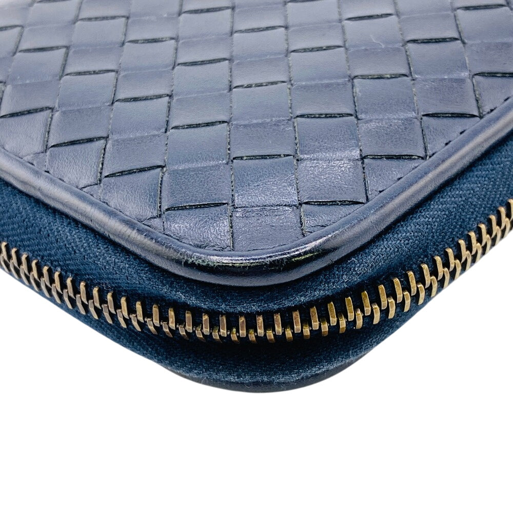 BOTTEGAVENETA Long Wallet Purse leather Navy Zip Around INTRECCIATO mens(Unisex) Used Authentic