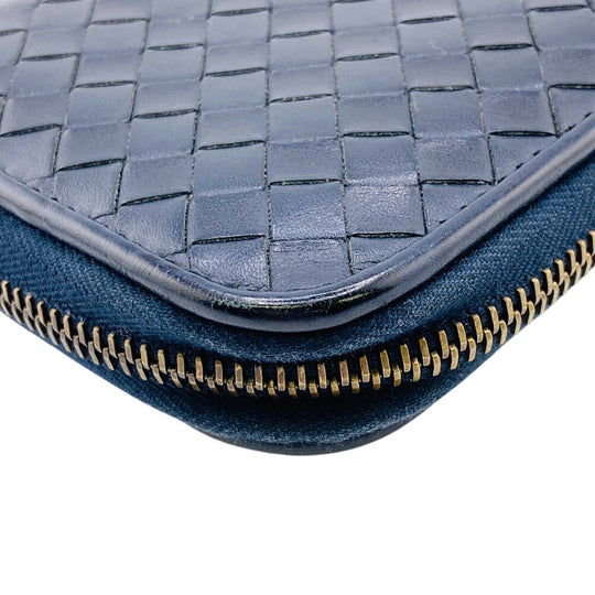 BOTTEGAVENETA Long Wallet Purse leather Navy Zip Around INTRECCIATO mens(Unisex) Used Authentic