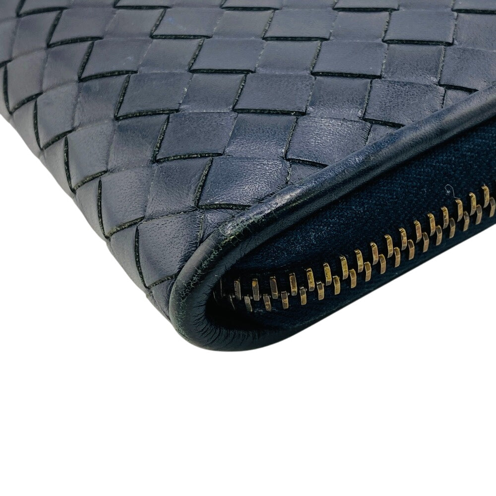 BOTTEGAVENETA Long Wallet Purse leather Navy Zip Around INTRECCIATO mens(Unisex) Used Authentic