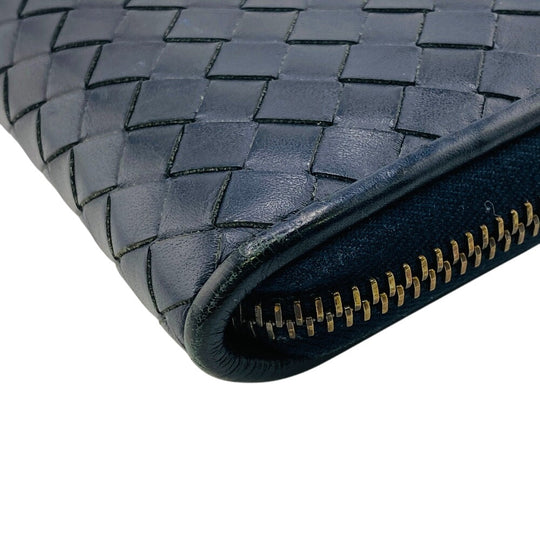 BOTTEGAVENETA Long Wallet Purse leather Navy Zip Around INTRECCIATO mens(Unisex) Used Authentic