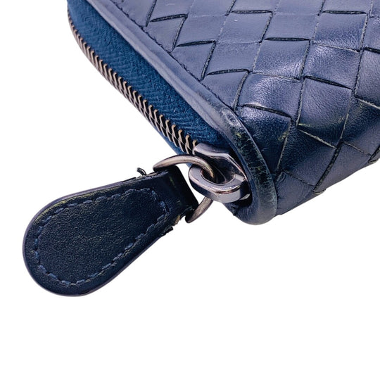 BOTTEGAVENETA Long Wallet Purse leather Navy Zip Around INTRECCIATO mens(Unisex) Used Authentic