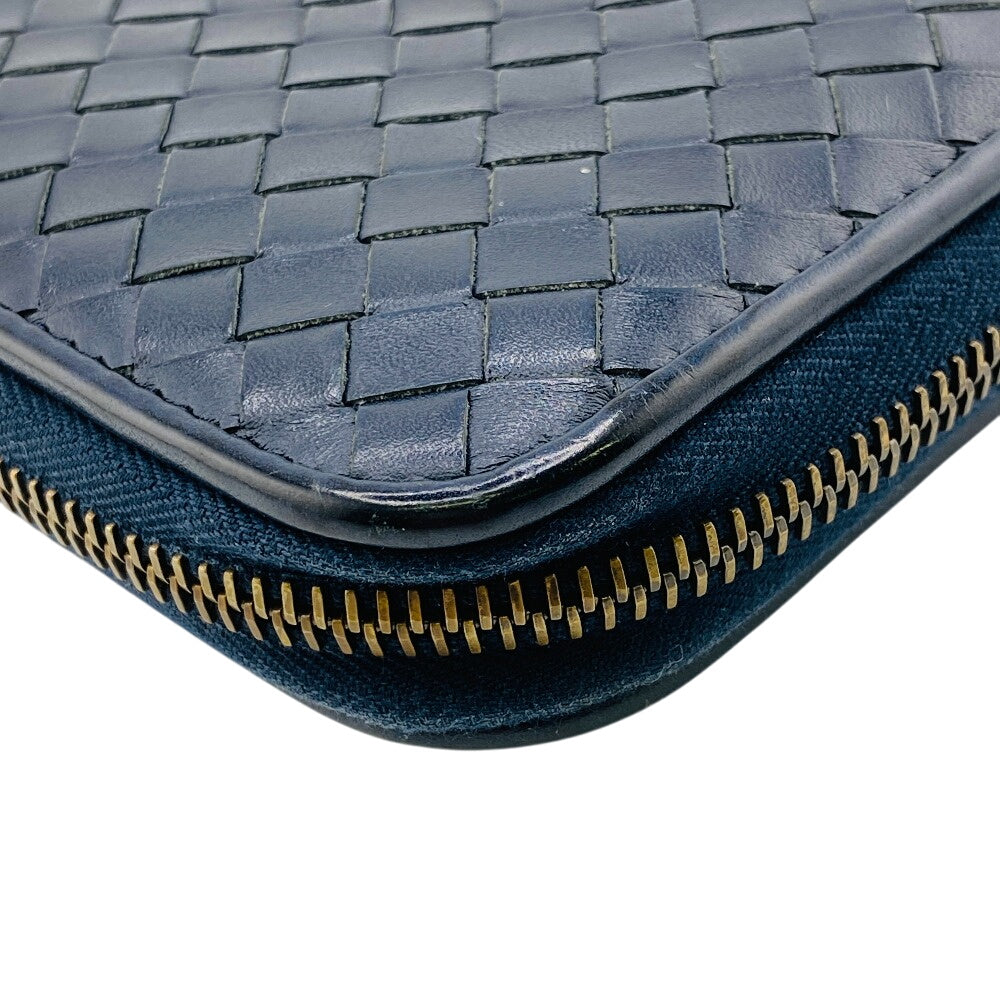 BOTTEGAVENETA Long Wallet Purse leather Navy Zip Around INTRECCIATO mens(Unisex) Used Authentic