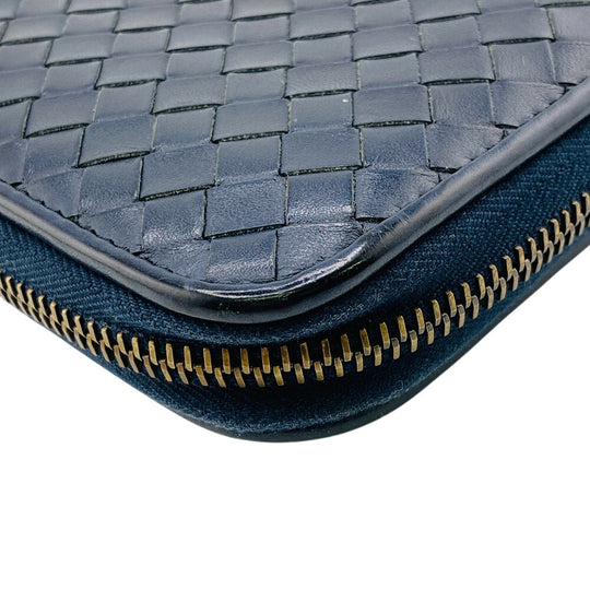 BOTTEGAVENETA Long Wallet Purse leather Navy Zip Around INTRECCIATO mens(Unisex) Used Authentic