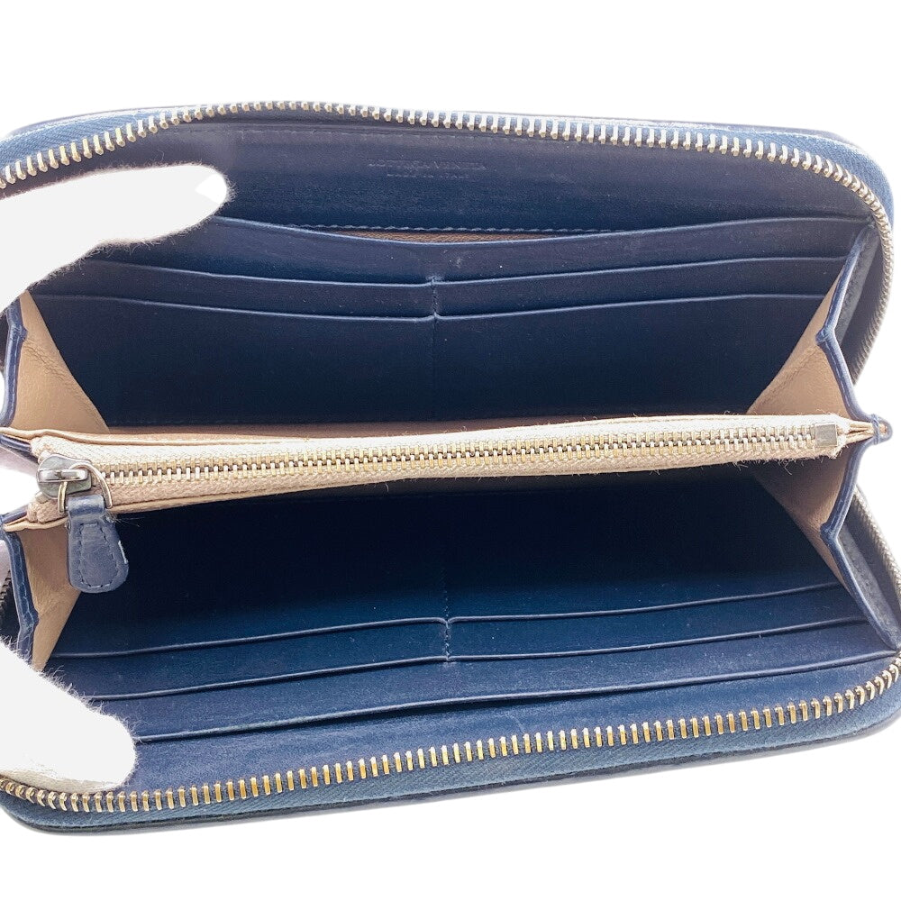 BOTTEGAVENETA Long Wallet Purse leather Navy Zip Around INTRECCIATO mens(Unisex) Used Authentic