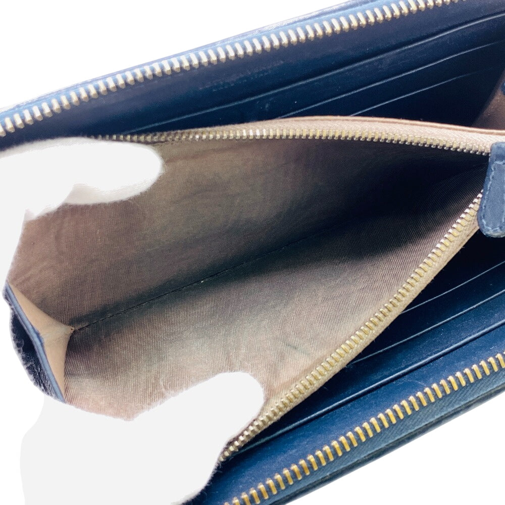 BOTTEGAVENETA Long Wallet Purse leather Navy Zip Around INTRECCIATO mens(Unisex) Used Authentic