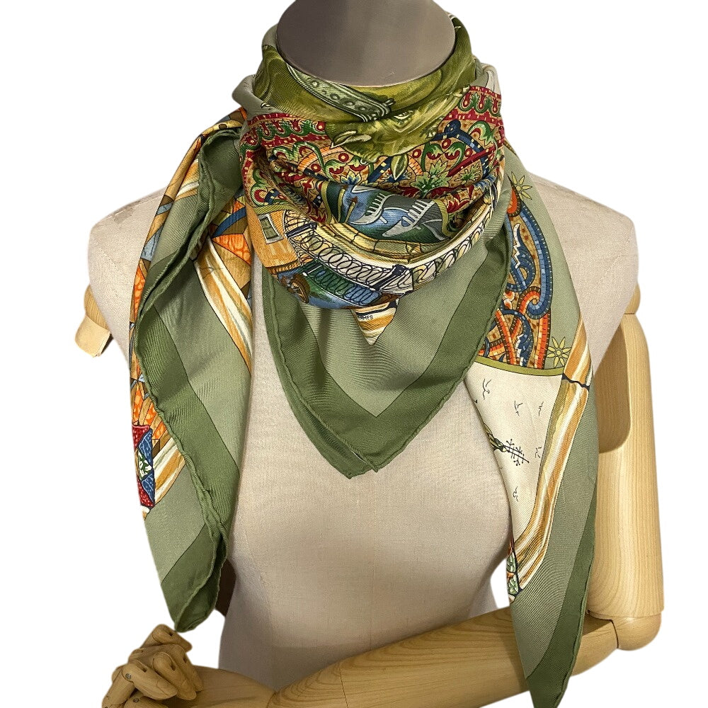 HERMES scarf silk green TROPHEES de VENISE Carre90
