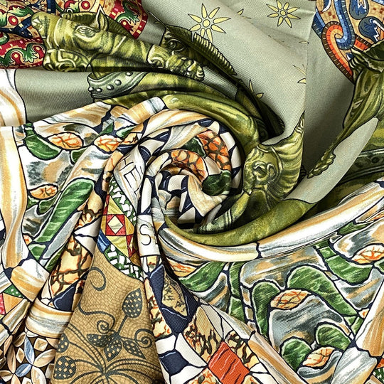 HERMES scarf silk green TROPHEES de VENISE Carre90