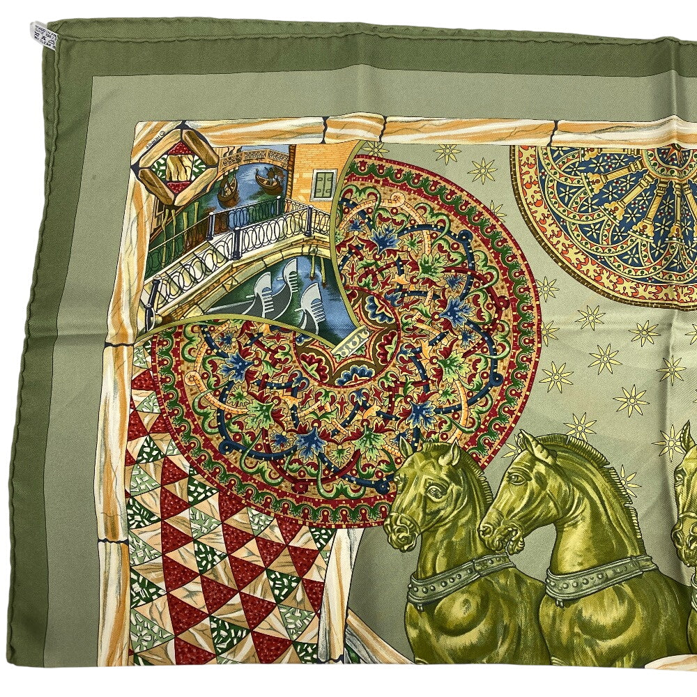 HERMES scarf silk green TROPHEES de VENISE Carre90