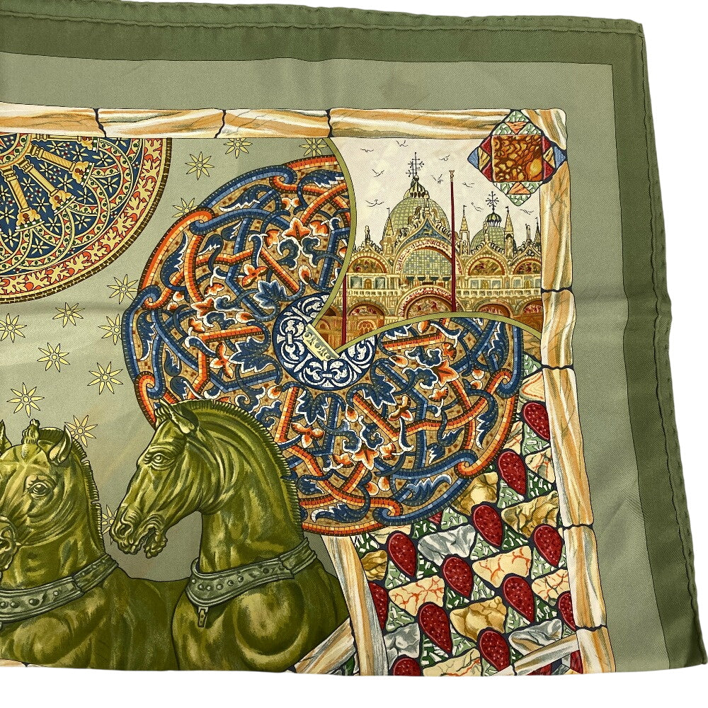 HERMES scarf silk green TROPHEES de VENISE Carre90