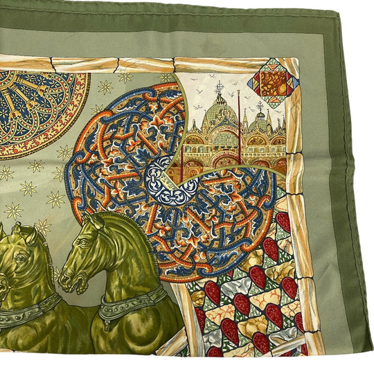HERMES scarf silk green TROPHEES de VENISE Carre90