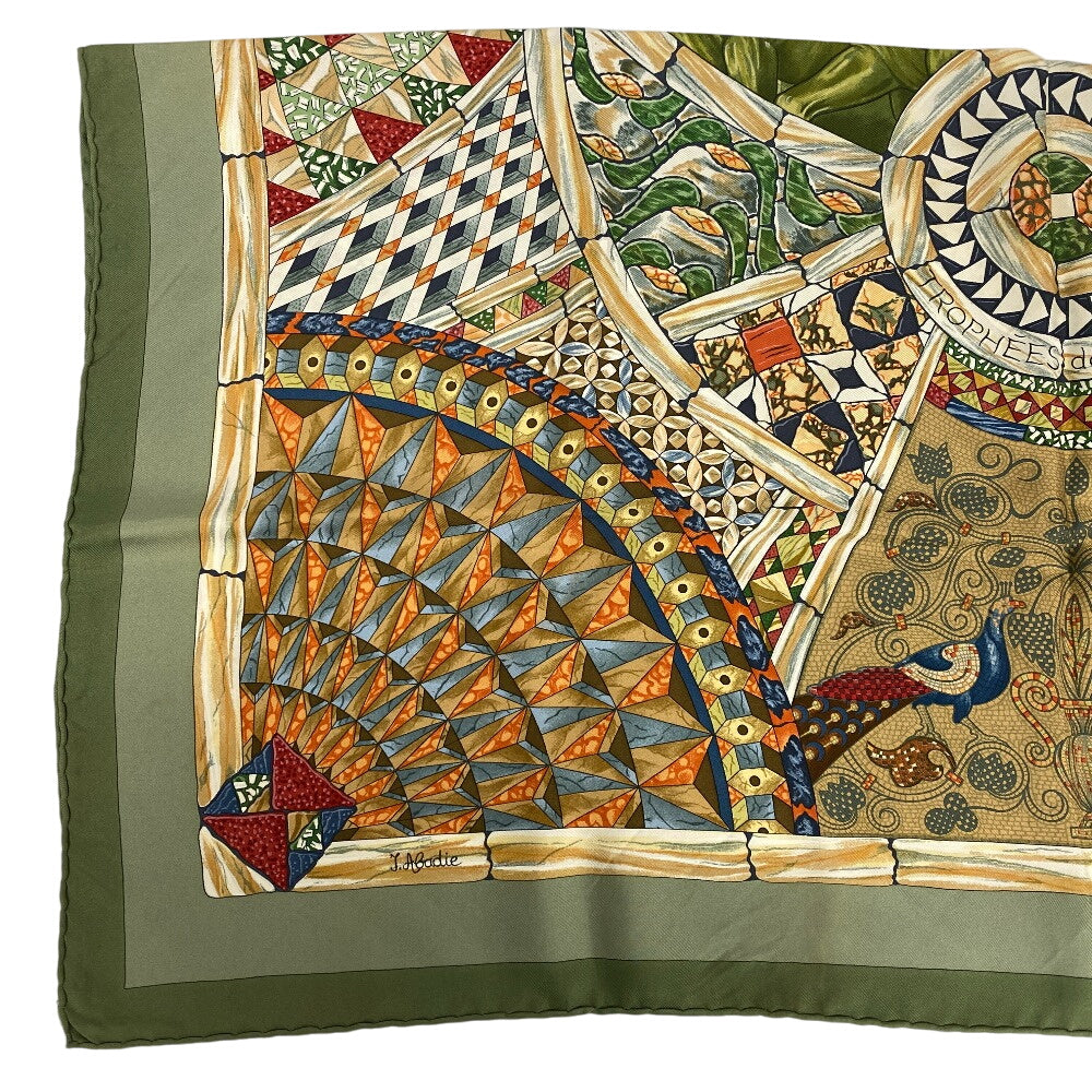 HERMES scarf silk green TROPHEES de VENISE Carre90
